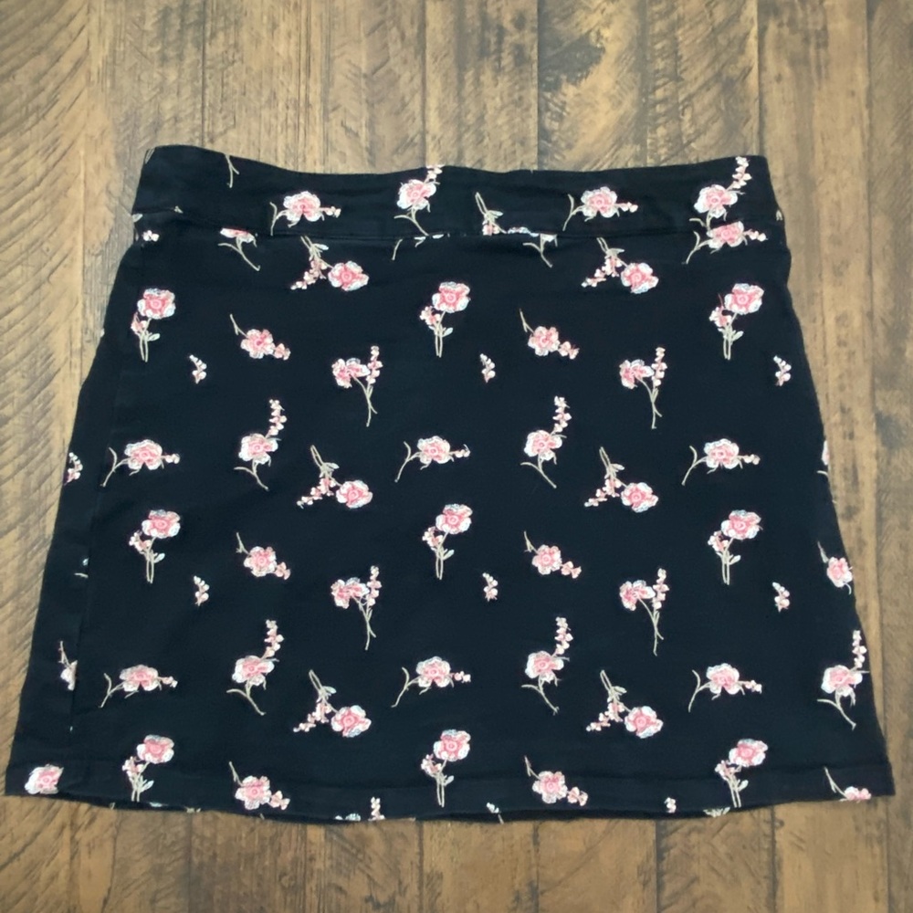 Blue Rain Black Mini Skirt with Pink Floral Design